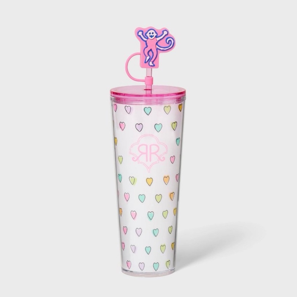 Roller Rabbit Pink Heart Pattern Tumbler with Monkey Straw 24 Onz
